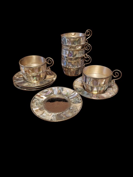LHC Alpaca Other - Vintage Abalone Alpaca Silver Demitasse Expresso Cups And Saucers